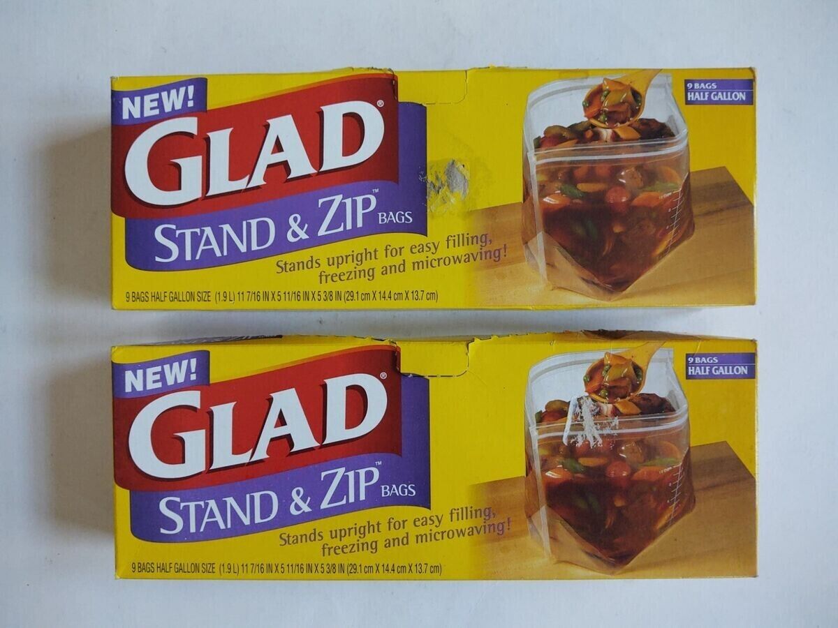 2 Boxes. Glad Stand And Zip 1/2 Gal Storage Bags Freezer Microwave Discontinued