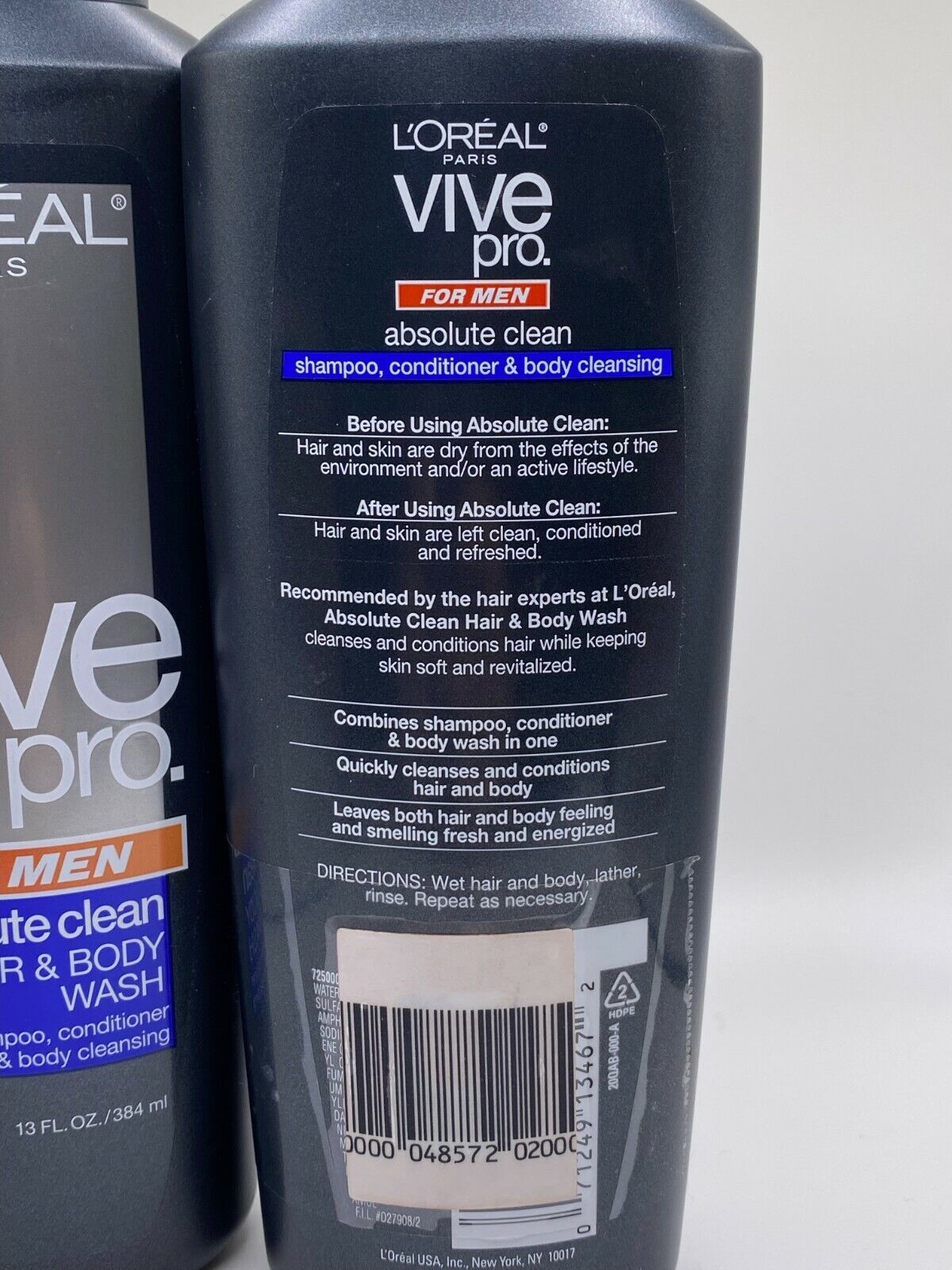 (2) L'OREAL VIVE PRO FOR MEN ABSOLUTE CLEAN HAIR BODY WASH 13 OZ EACH