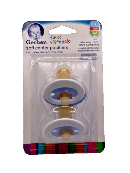 Gerber First Essentials Soft Center Pacifiers 0-6m Latex BLUE WHITE