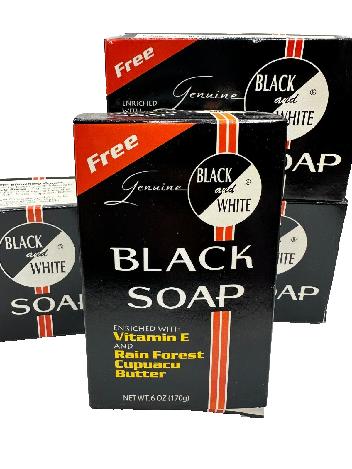 (4) Genuine Black & White Black Soap Enriched with Vitamin E, Cupuacu Butter 6oz