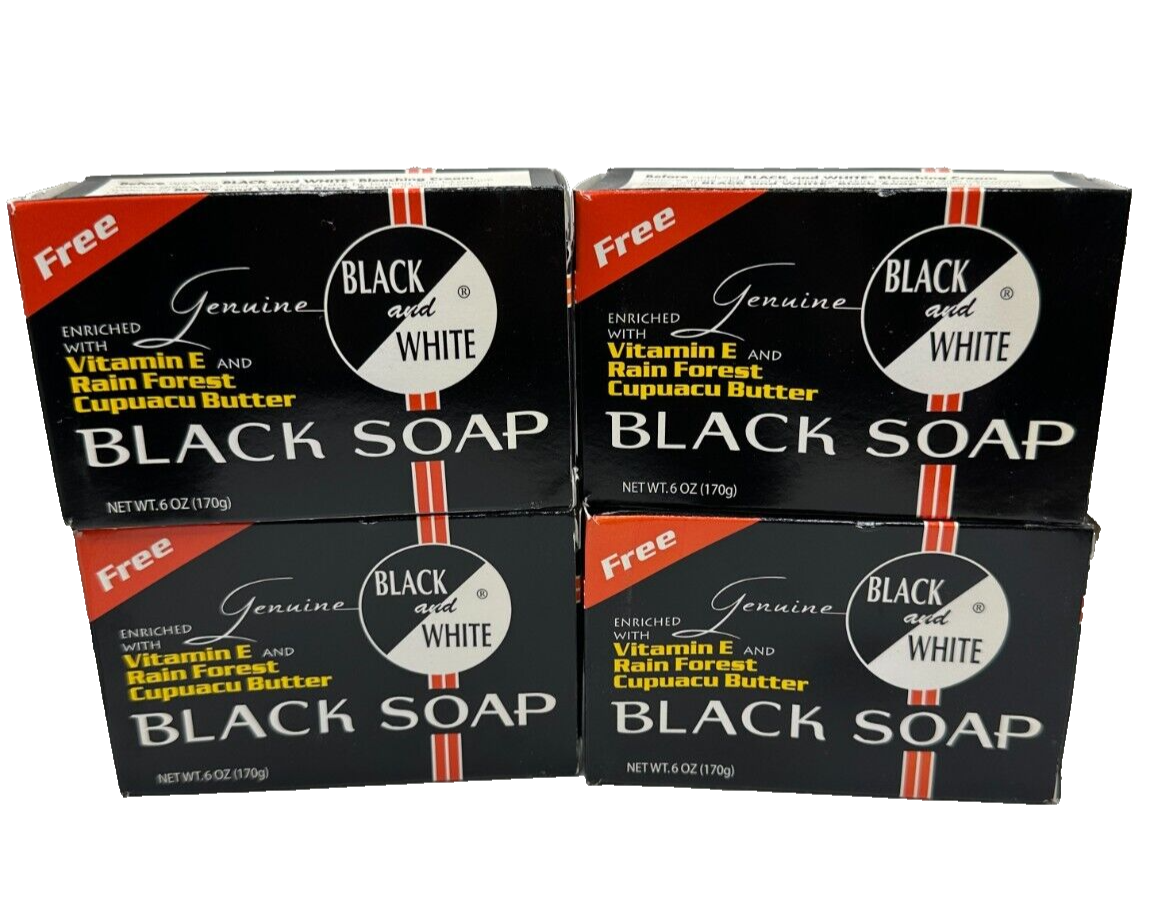 (4) Genuine Black & White Black Soap Enriched with Vitamin E, Cupuacu Butter 6oz