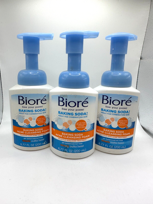 Lot of 3 Biore Baking Soda Acne Cleansing Foam 6.77 oz New