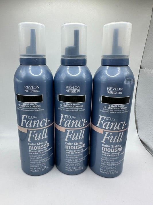 (3) Roux Fanci-Full Color Styling Mousse #12 BLACK RAGE 6oz (OLD STOCK FORMULA)