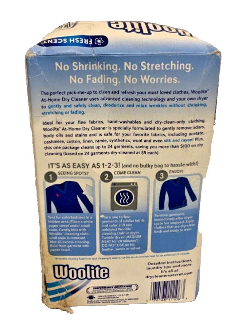 Woolite At Home Dry Cleaner Fresh Scent 6 Cloths Dry Cleaner’s Secret *DAMAGED