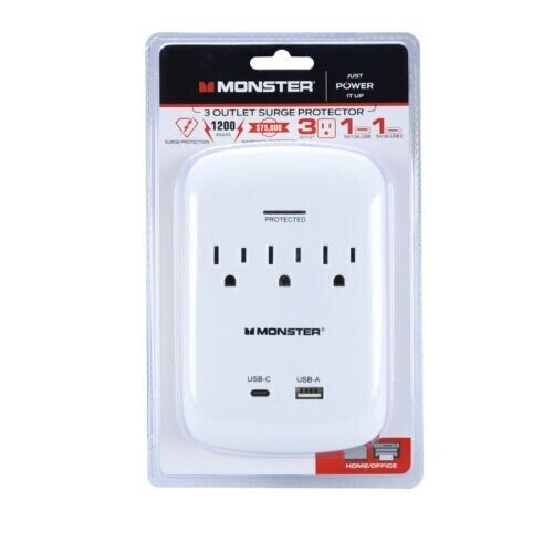 Monster Just Power It Up 1200 J 0 ft. L 3 outlets Surge Protector Wal -Pack of 1