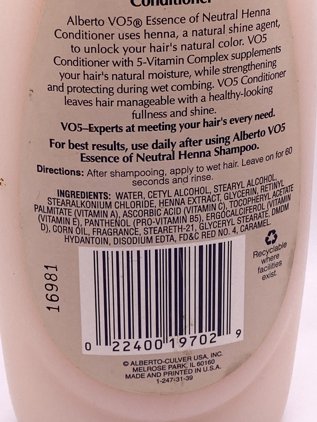 Vintage Alberto Vo5 Henna Conditioner 15 fl oz