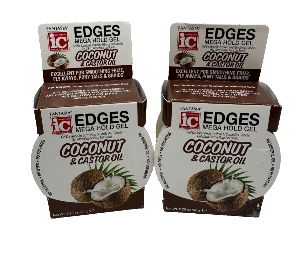 (2) Fantasia IC Hair Polisher Coconut & Castor Oil Edges Mega Hold Gel, 2.25 oz