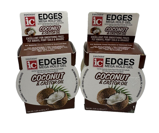 (2) Fantasia IC Hair Polisher Coconut & Castor Oil Edges Mega Hold Gel, 2.25 oz