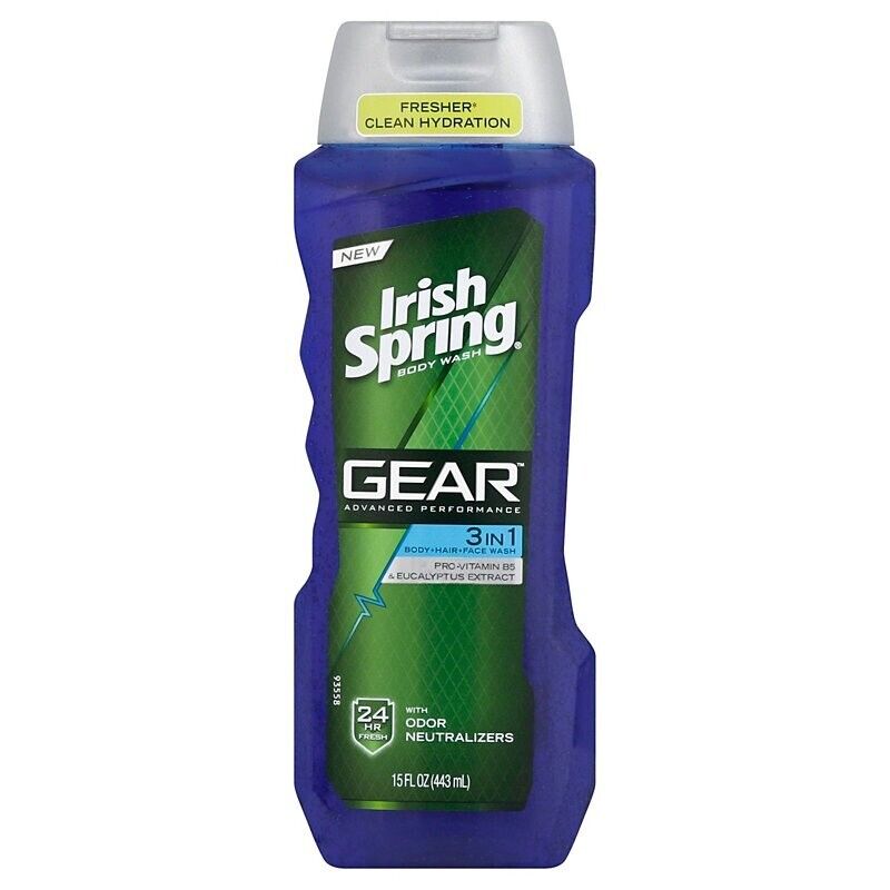 Irish Spring Gear Hair Body Face 3-in-1 Body Wash & Shampoo 15 Oz New